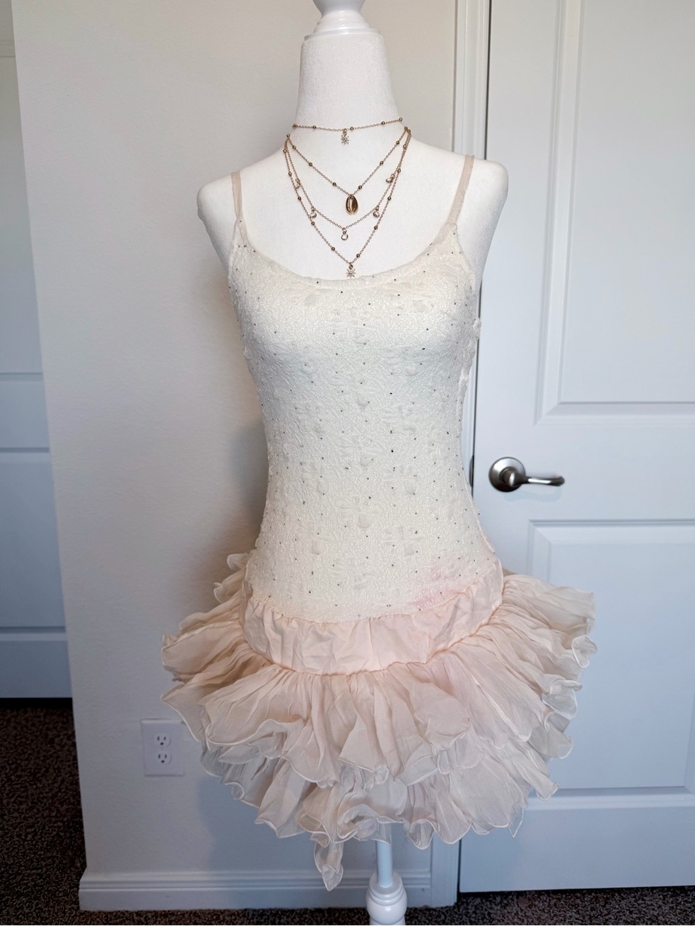 Nude Sparkle Rhinestone Ruffle Mini Dress